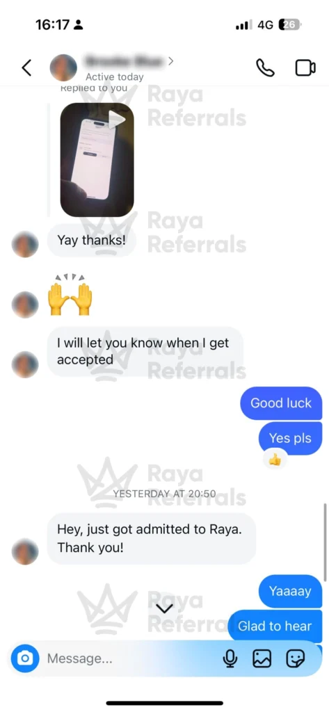 Instagram message confirming successful Raya acceptance after referral support