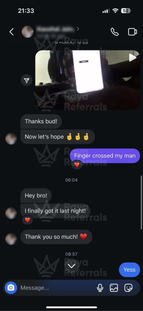 Client thanking the team after receiving a Raya referral