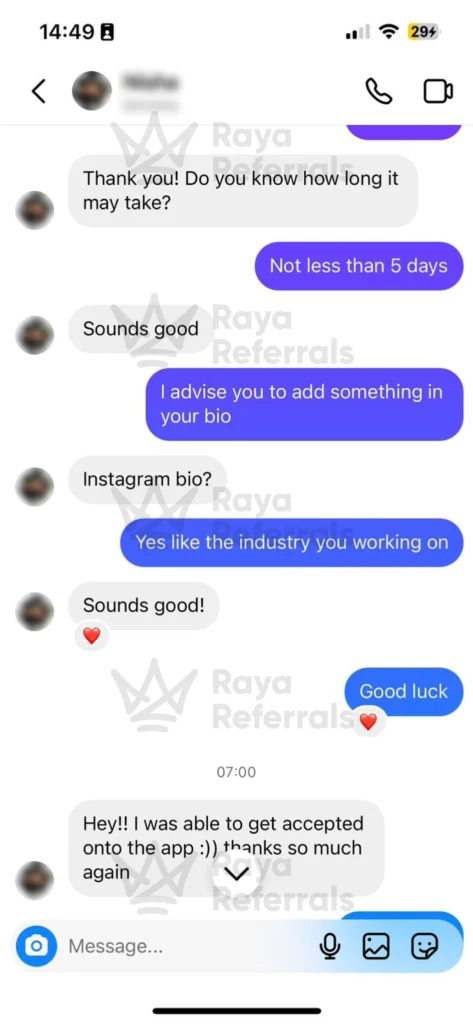 Client feedback after Instagram profile advice and Raya acceptance