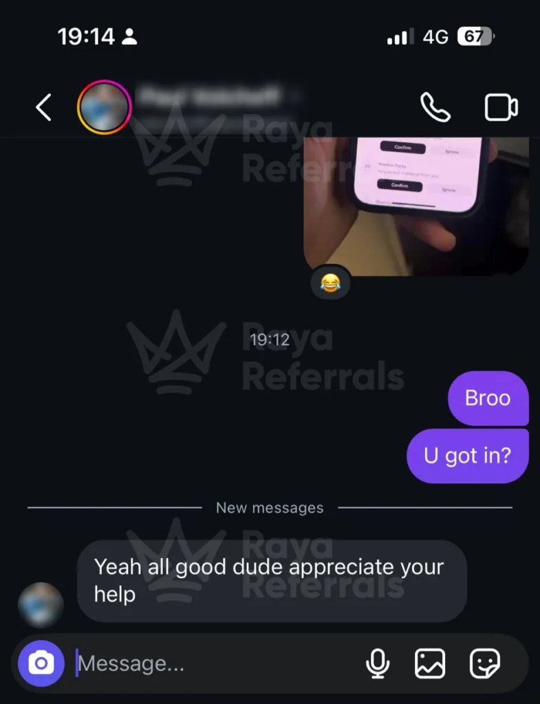 Client thanking the team after receiving Raya referral support