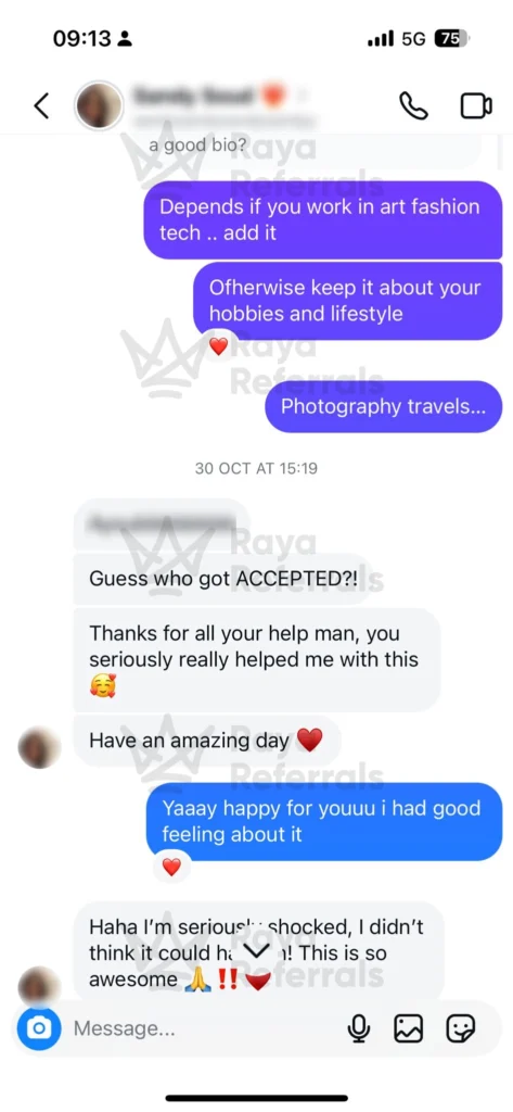 Client feedback after profile guidance and Raya application acceptance