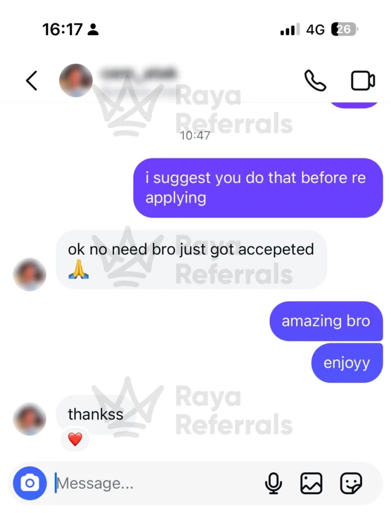 Client message confirming acceptance to Raya