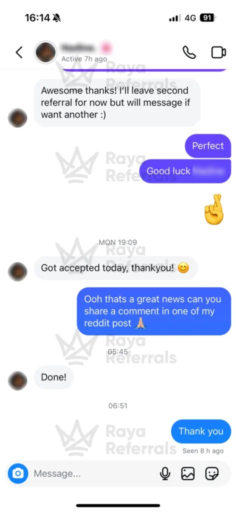 Client testimonial after receiving a Raya referral and getting accepted