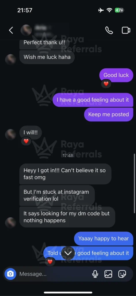 Client message celebrating fast acceptance to Raya