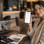 Stylish entrepreneur using a private dating and networking app while working remotely in a modern café, representing Raya for entrepreneurs, creatives, and digital nomads.