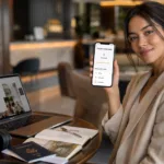 Stylish entrepreneur using a private dating and networking app while working remotely in a modern café, representing Raya for entrepreneurs, creatives, and digital nomads.