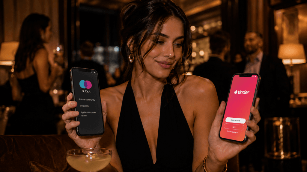 Person comparing Raya vs Tinder on a phone, representing why famous people prefer private dating apps