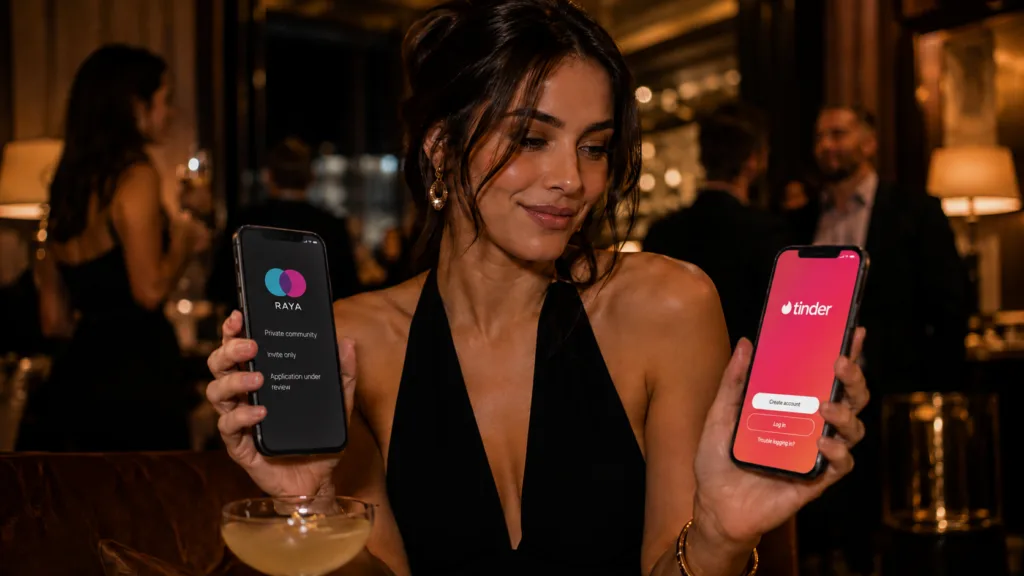 Person comparing Raya vs Tinder on a phone, representing why famous people prefer private dating apps
