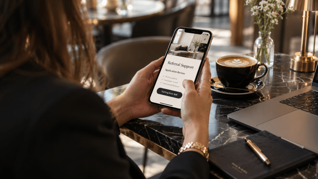 Buying a Raya Referral guide showing a person reviewing private dating app referral support on a smartphone.
